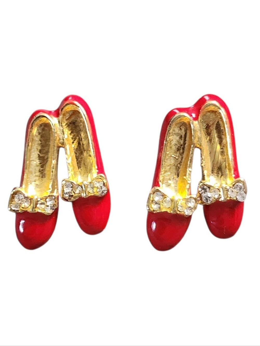 Red Enamel High Heel Shoe Earrings with Rhinestone Bow